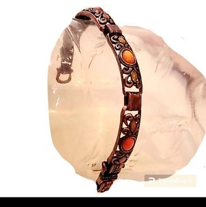 Copper Link Bracelet With Earthtone Orange Mustard Yellow Purple Coral Stones